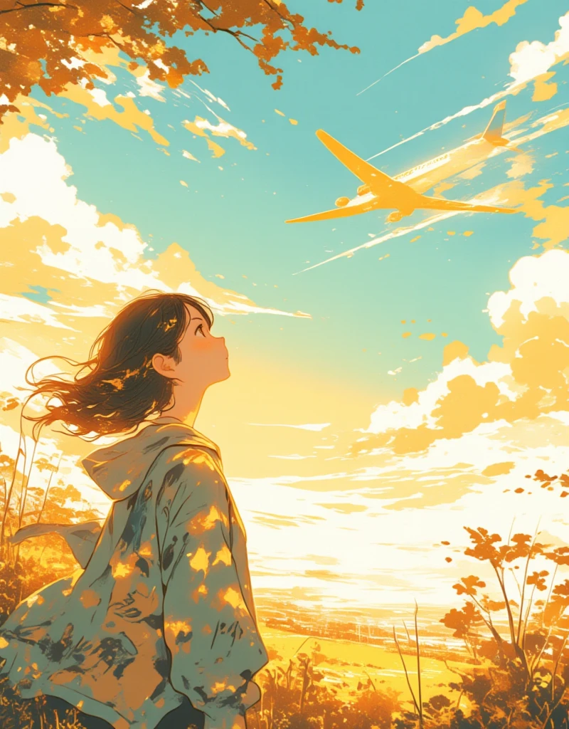 Illustration of an airplane flying in the distant sky, silhouette of the plane, contrails coming out slightly from the back of the plane. Dreamy, Japanese summer setting, sunlight overlapping with an airplane, lens flare, blurry field, soft focus, girl looking up to the sky, gentle breeze blowing through. ultra wide angle, Stylish complex hand-drawn illustrations, hatching, "Endless Summer", Ukiyo-e style by Hokusai, surreal