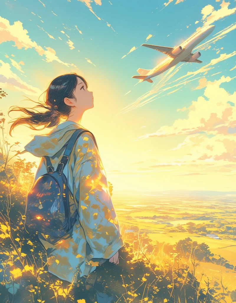 Illustration of an airplane flying in the distant sky, silhouette of the plane, contrails coming out slightly from the back of the plane. Dreamy, Japanese summer setting, sunlight overlapping with an airplane, lens flare, blurry field, soft focus, girl looking up to the sky, gentle breeze blowing through. ultra wide angle, Stylish complex hand-drawn illustrations, hatching, "Endless Summer", Ukiyo-e style by Hokusai, surreal