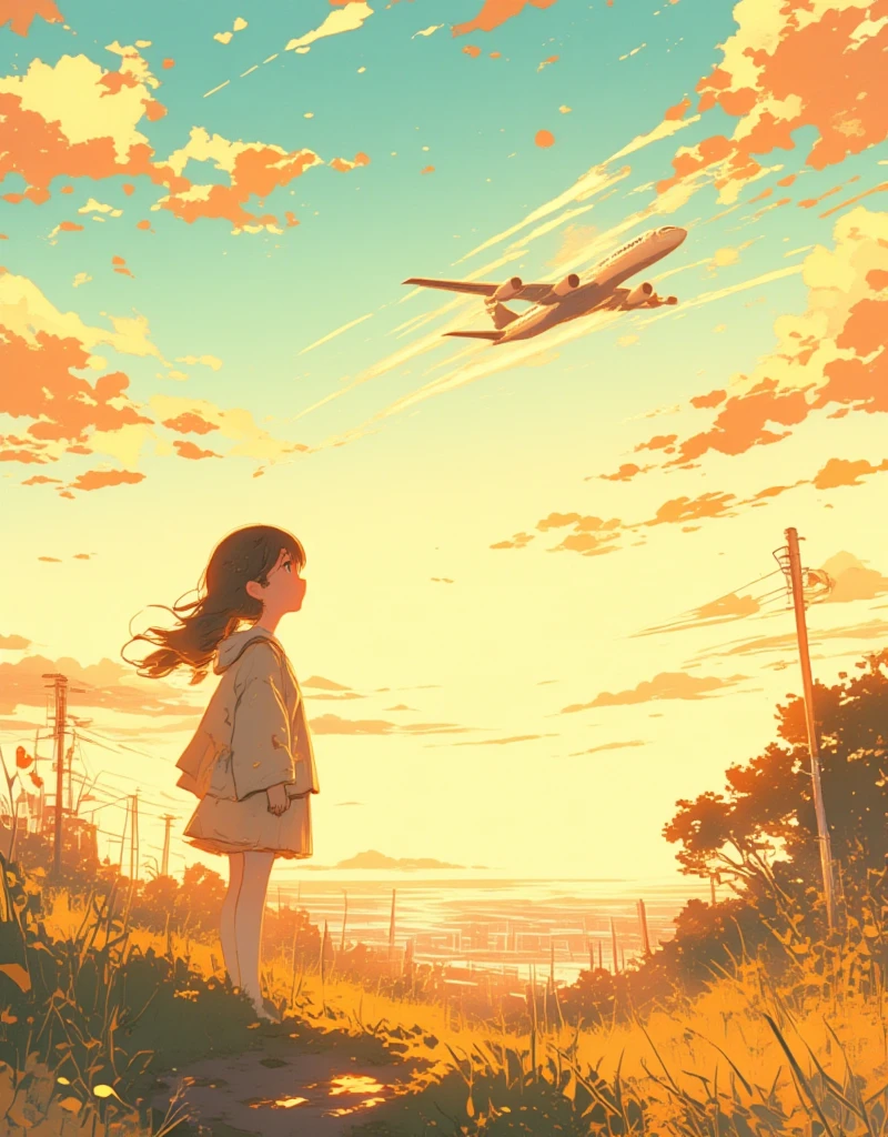 Illustration of an airplane flying in the distant sky, silhouette of the plane, contrails coming out slightly from the back of the plane. Dreamy, Japanese summer setting, sunlight overlapping with an airplane, lens flare, blurry field, soft focus, girl looking up to the sky, gentle breeze blowing through. ultra wide angle, Stylish complex hand-drawn illustrations, hatching, "Endless Summer", Ukiyo-e style by Hokusai, surreal