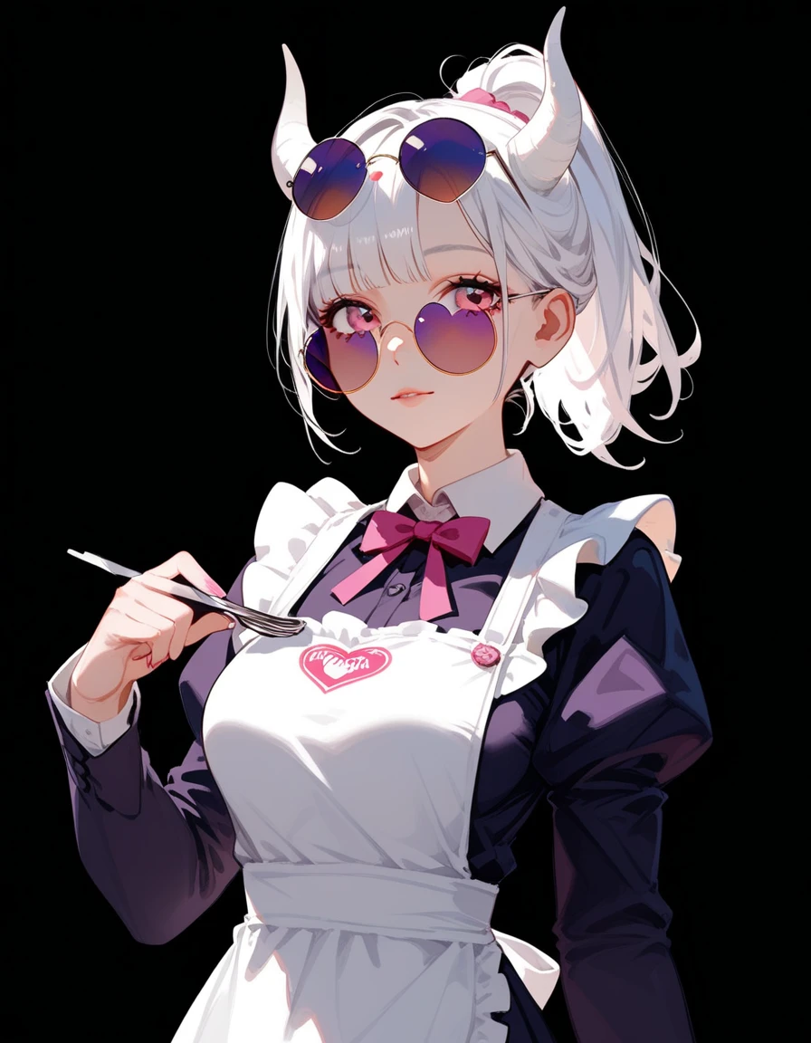 girl,Short hair, black hair, medium breasts , put on an apron, dark edges, in purple-pink eyes, put on black round sunglasses,Have horns,Suit, black background,beautiful,cute, medium breasts ,girlcool, white hair,With a ponytail