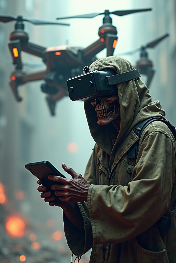 a hooded figure of death holding a drone, side shot, storm in the background, rain, 8k, F2.8, RAW Photo, ultra detailed, sunlight, real life, <lora:xl_more_art-full_v1:1.2>