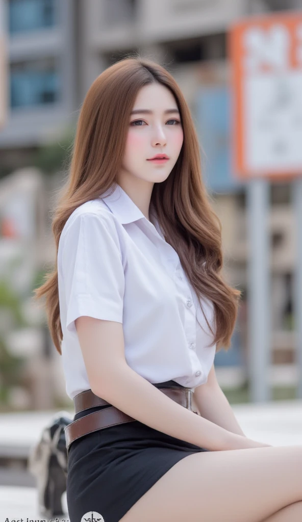 This high-quality photograph captures full body of a beautiful asia woman 20 years old with long, wavy brown hair and light skin, looking away, She is dressed in a short sleeve white shirt,brown belt, short pencil black skirt, black high heels shoes. She sitting on the concrete laddler. The image was likely taken with a DSLR camera, possibly a Canon EOS 5D Mark IV, with an aperture of f/2.8, shutter speed of 1/125s, and ISO 400. The background is slightly blurred, drawing focus to the subject. The lighting appears natural. The composition uses the rule of thirds, with the subject centered.