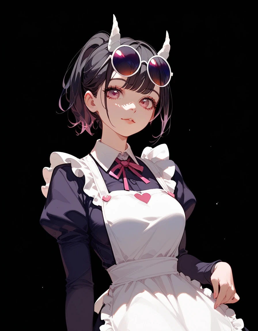 girl,Short hair, black hair, medium breasts , wearing apron, dark edges, in purple-pink eyes, Black Round Sunglasses,Have horns,Suit, black background,beautiful,cute, medium breasts ,girlcool,White Mountain,With a ponytail