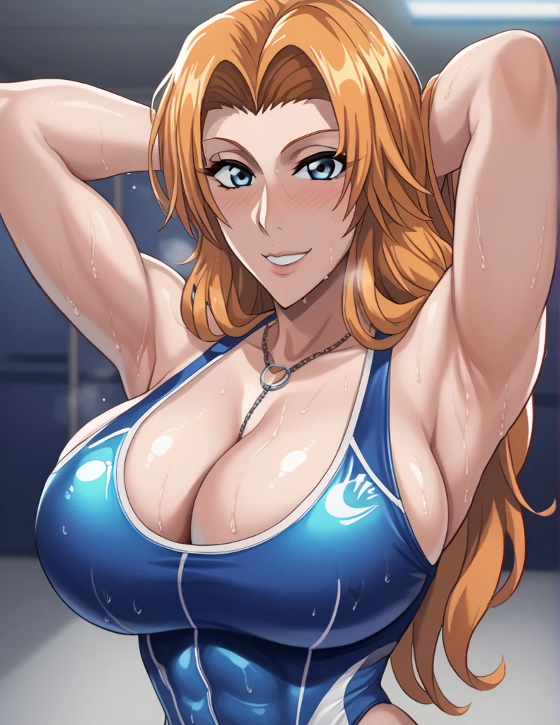 score_9, score_8_up, score_7_up, source_anime, best quality, clear face, Rangiku Matsumoto, Orange hair, blue eyes,large breasts, perfect body,satin tight open patterned swimsuit,perfect body,looking at viewer,cleavage,Sweating,tempting sad smile,Blushing,midnight room,arms up behind the head,empashis on the chest,sticky and oily body,frontal photography, sexy