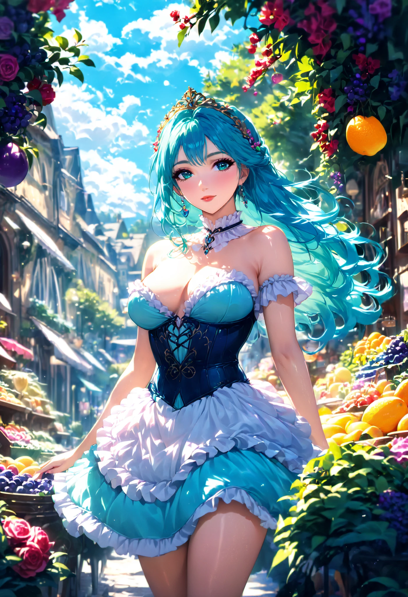  girl , beautiful, ( sexy),  Dressed in a fluffy dress with  (corset),  Green-blue , bright hair, lush,  perfect anatomy, Curvy, decorations,  Light Makeup ,  Background Fruit shop, Warm summer day ,  beautiful atmosphere ,  complicated details, ( better quality ), (( masterpiece fails)),  maximum details , 8 k, wallpaper, anime,