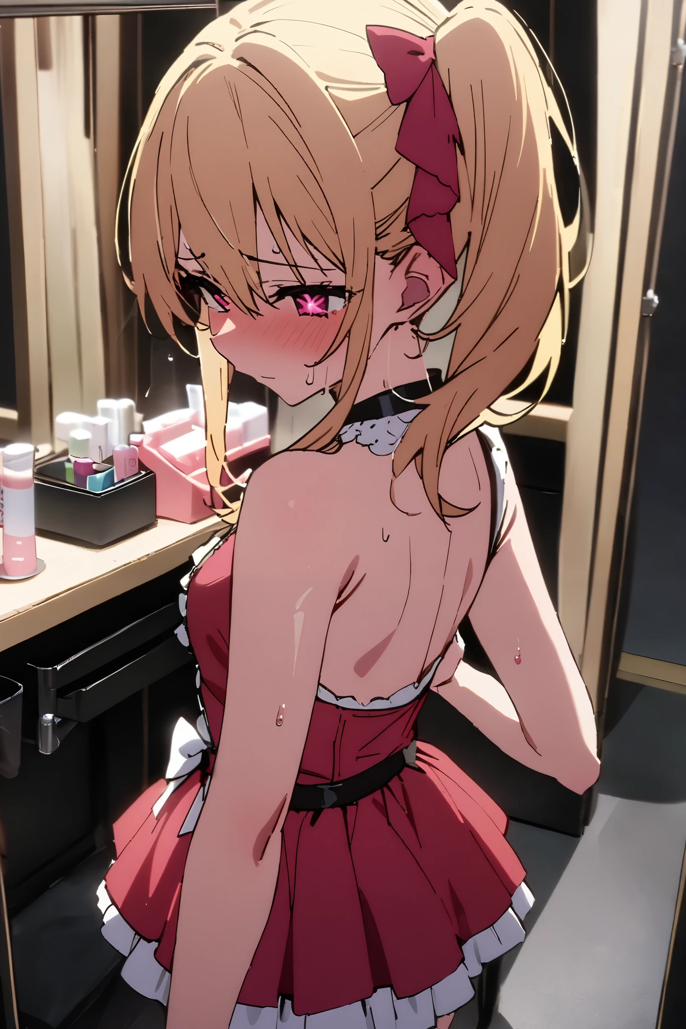 NSFW,masterpiece, top quality , high res, very detailed,Hoshino Ruby\(My Favorite \),Star-shaped pupils, long hair, side ponytail,Blonde,Idol,dressing room,sweat