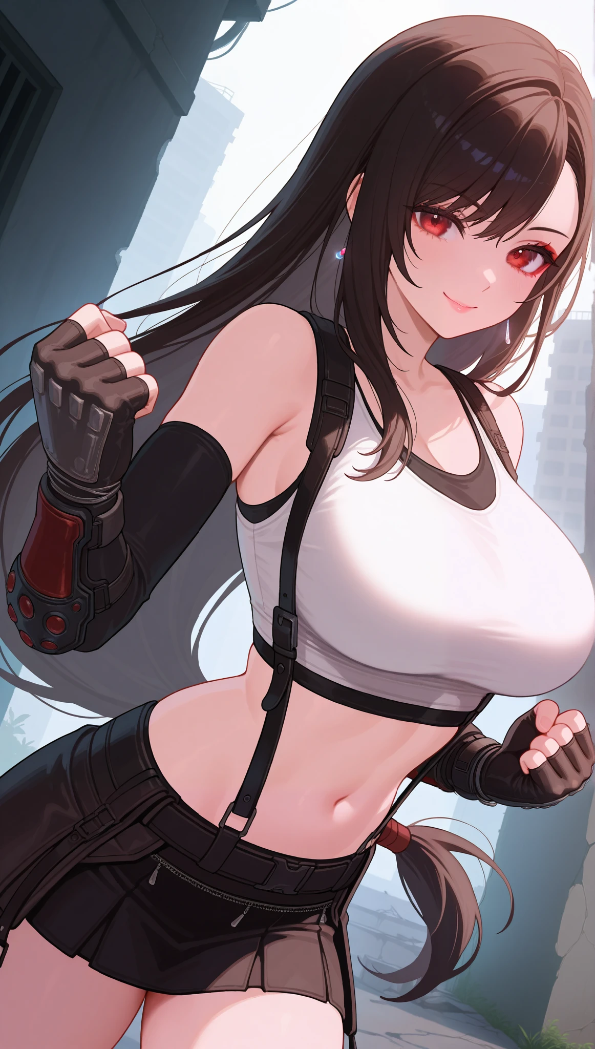 (masterpiece), (portrait), big breasts (aesthetics), ((1 female 21 years old)), Highlight earrings), ((long hair)), ((Hot crystal black hair)), ((Tifa Lockhart)) straight hair, thin eyes open, red eyes, cute, naughty smile, woman, feminine, beautiful, female features, top, high quality, aesthetic clothing, professional angle, (rule of thirds), (feminine), (feminine), (feminine), (beautiful) , (female ) features), solo, (Korean attractive), summer, (ink haze), (afternoon), (vibrant light), seductive posture, ((face looking forward))), Tifa Lockhart, mini skirt, suspenders, strap tank top, long leather gloves, sensual ((Energy)), (Bold Makeup), (Big Breasts), Fair Skin, (Clothes with Hip Hop Details), (a Tifa Lockhart, sculptural body, clenched fists, fighting pose), (Sleep Neckline), Beautiful Hands, Body beautiful, beautiful ears, beautiful eyes, bright eyes, beautiful mouth, beautiful lips, abandoned building, all trickery