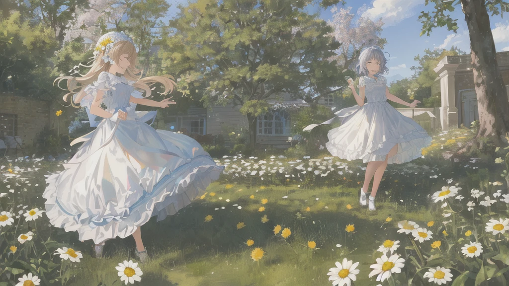 Masterpiece-grade CG, best image quality and detail, photo-level realism (1.4). (1girl), wearing a white dress, slightly exposed shoulders, delicate and shiny skin, smiling, in the garden, surrounded by yellow daisies, slightly raised head to look up at the bright sky, the picture adopts artistic thick painting style, softer luminosity, 4K HD wallpaper, better volumetric cloud effect.