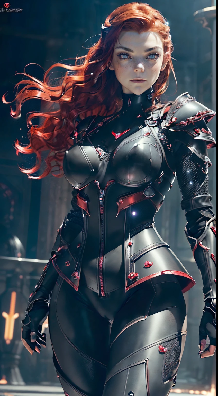 Girl Wars, stands on a stone, look forward, arms under the chest, embraces herself, big breastes, red fantasy armor, dragon armor, Dragon scales, long fiery red hair, Cyan eyes, closed mouth, Against the background of meadows