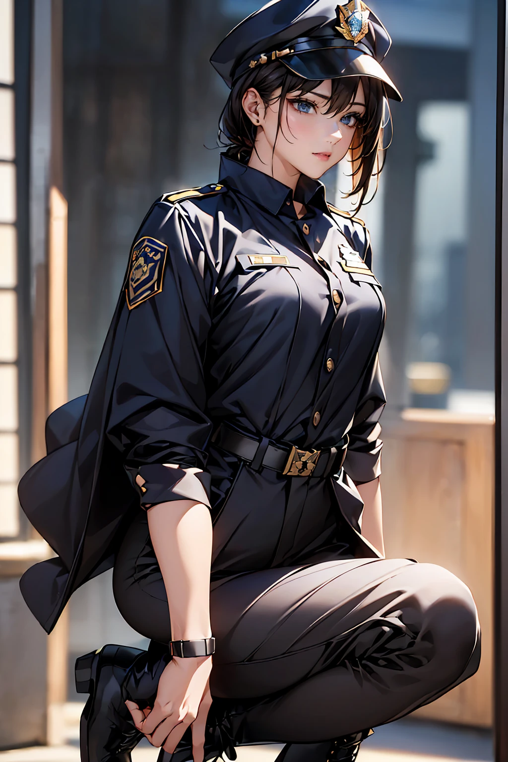 ((masterpiece), ((Highest quality)), (masterpiece,Highest quality,Official Art,Highly detailed CG Unity 8k wallpaper)、"A female police officer from the near future wears a highly functional uniform.。Wearing a dark blue or black tight-fitting jacket、Reflective lines and metallic accents、Built-in protective padding on shoulders and elbows。Badge and ID holder on left chest。Underneath, he wears a moisture-wicking grey or blue shirt.、Contrasting stripes on collar and cuffs。The pants are tight-fitting straight pants made from the same high-performance material as the jacket.、Built-in protective pads on knees and thighs。Wearing a sturdy black belt、Multiple pouches and holsters are attached.、Stores power tools and communication equipment。On her feet, she wears mid-cut black boots that provide good ankle support.。The cap also matches the uniform.、Reflective lines and metallic badges。As an accessory、Impact resistant gloves、Bulletproof glass goggles with night vision function、It also comes with a headset with an integrated earpiece and microphone.。"