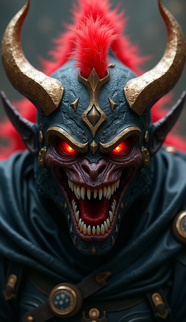 score_9, score_8_up, score_7_up, i want the whole image to be created in 3D anime style, solo, looking at viewer, red eyes, 1boy, male focus, horns, teeth, no humans, mask, glowing, colored skin, sharp teeth, glowing eyes, red skin, demon