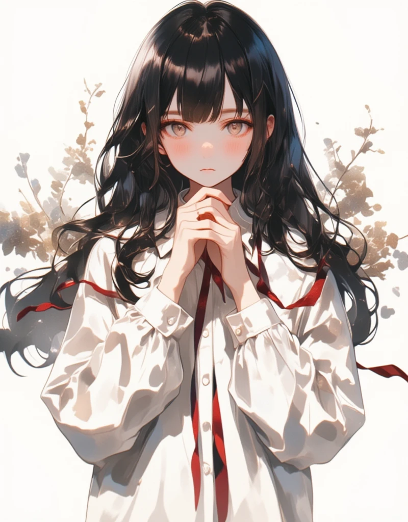 anime girl with long black hair and white shirt holding a red ribbon, hinata hyuga, she has black hair with bangs, junko enoshima, iwakura lain, shikamimi, shirabii, a-1 pictures, rei hiroe, kimi takemura, as an anime character