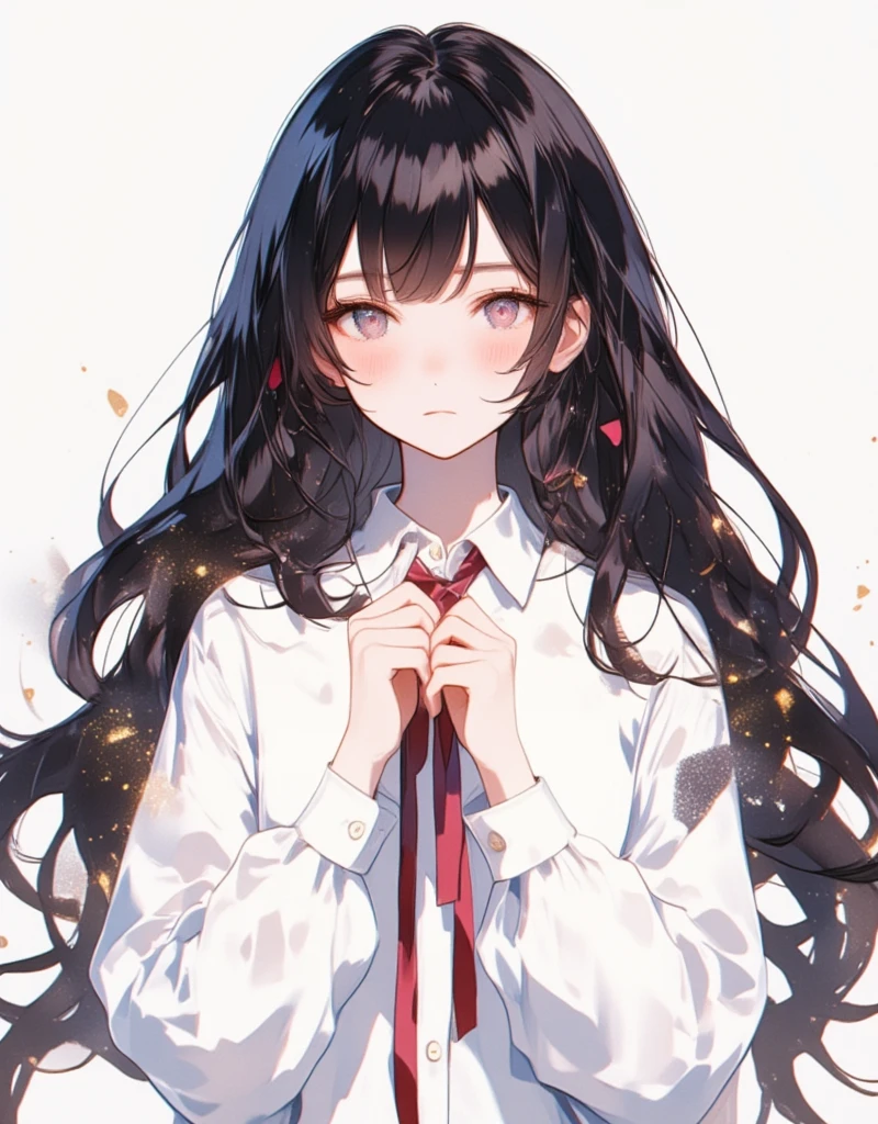 anime girl with long black hair and white shirt holding a red ribbon, hinata hyuga, she has black hair with bangs, junko enoshima, iwakura lain, shikamimi, shirabii, a-1 pictures, rei hiroe, kimi takemura, as an anime character