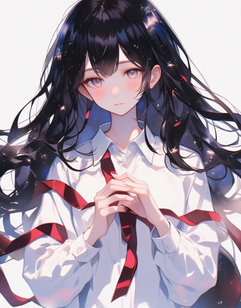 anime girl with long black hair and white shirt holding a red ribbon, hinata hyuga, she has black hair with bangs, junko enoshima, iwakura lain, shikamimi, shirabii, a-1 pictures, rei hiroe, kimi takemura, as an anime character