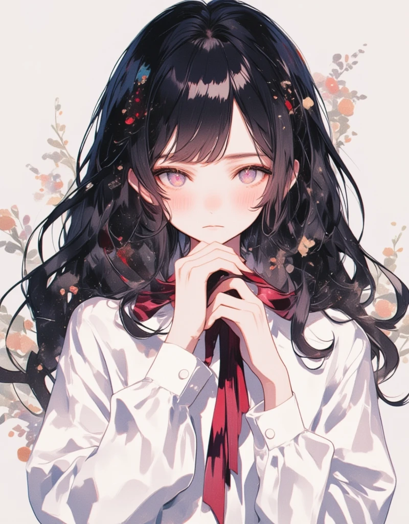 anime girl with long black hair and white shirt holding a red ribbon, hinata hyuga, she has black hair with bangs, junko enoshima, iwakura lain, shikamimi, shirabii, a-1 pictures, rei hiroe, kimi takemura, as an anime character