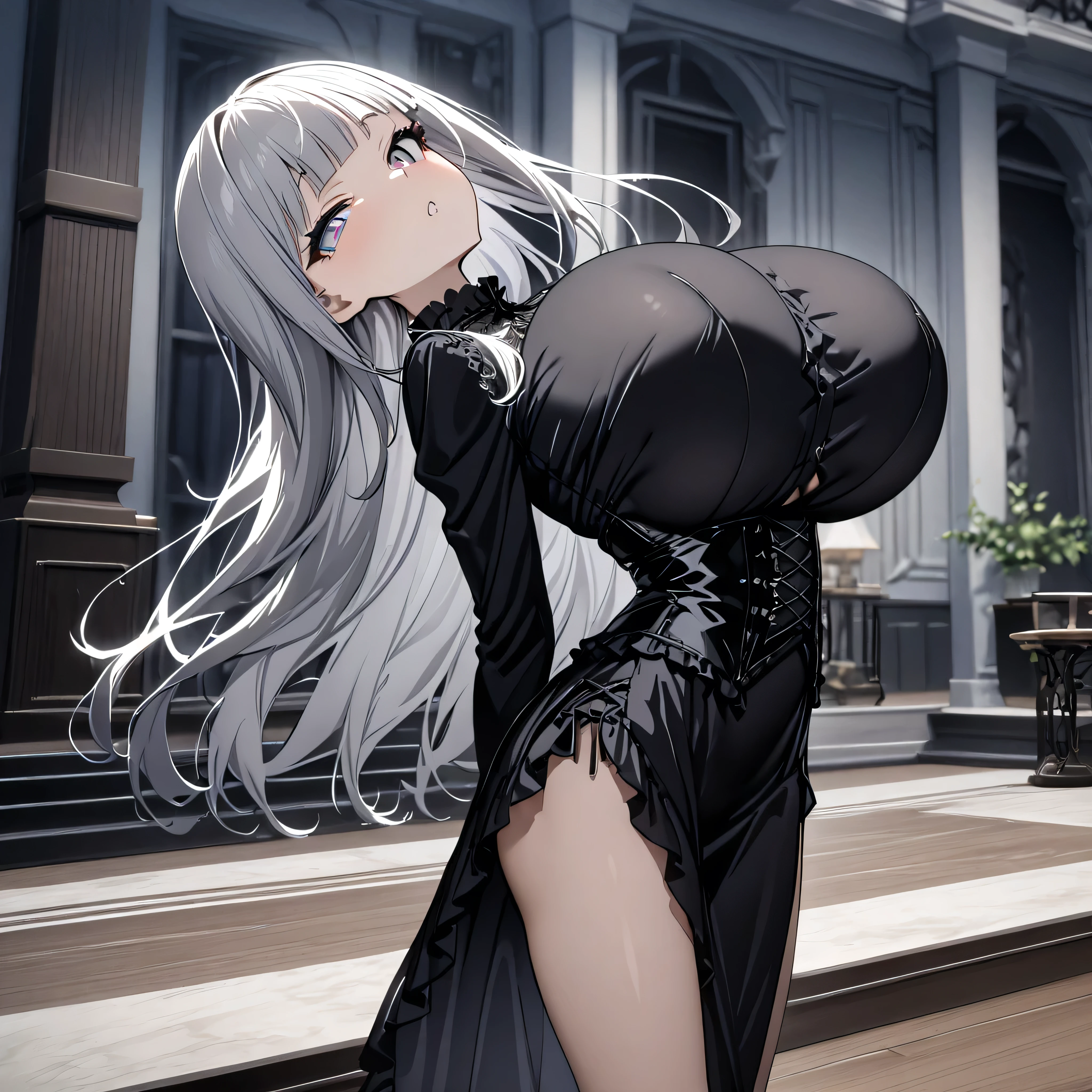 masterpiece, best quality, (beautiful detailed eyes), anime, BREAK, deck of mansion, (solo), (1 skinny small girl standing), swaying back, arms behind back, bouncing huge breasts, looking at viewer, BREAK, (inconceivably too long breasts:1.2), (too short torso), (too narrow skinny waist), (skinny legs), blunt bangs, half-closed eyelids, Gothic Lolita, black gothic dress, wiry corset cinches waist too tight, very short skirt