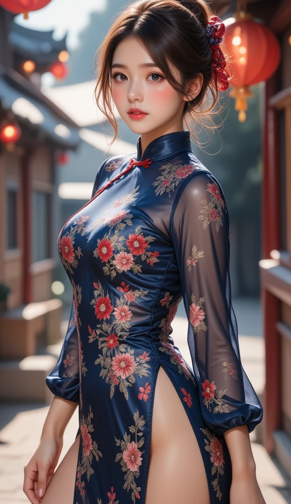 RAW photo, (Random shot, full body in frame, Side view focus, Dutch Angle), ((Asian adult female, one-person,) (traditional Chinese dress, one-piece, dark navy, long length, elegant, embroidered, decoration, fascinating,) random posing, stylish, cool, cute, sexy),