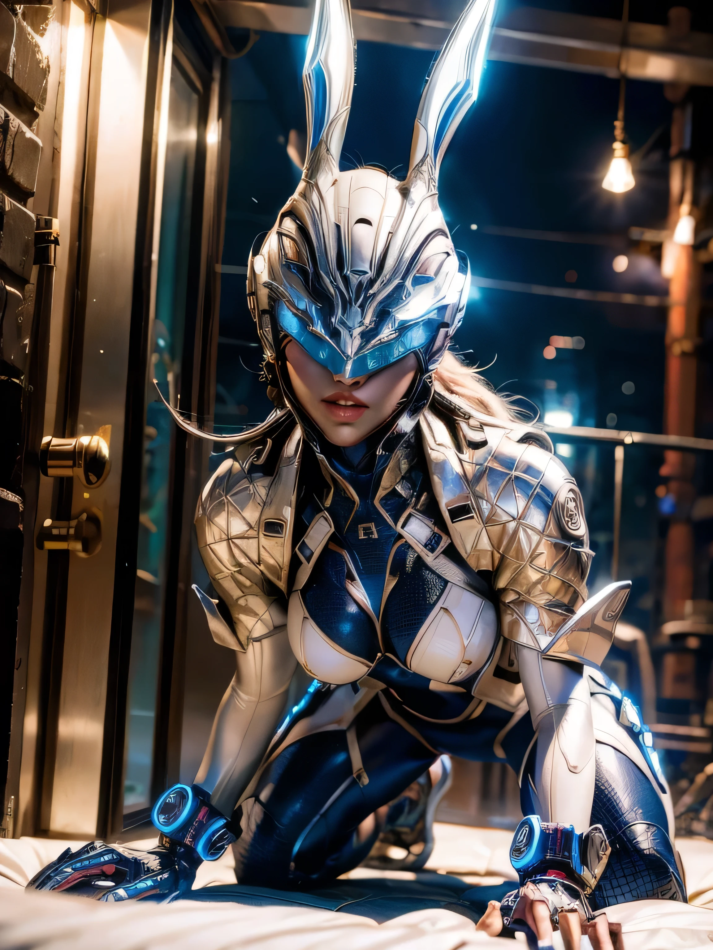 ((Masterpiece)), (high resolution:1.4),(bunny from the First Decendant) looking at viewer, (futuristic interior:1.5), beautiful face revealed, highly detailed skin, skin pores, (highly detailed face:1.1), (highly detailed eyes:1.1), realistic pupils, full face blush, full lips, (perfect anatomy:1.1), (perfect proportions:1.1), (photography:1.1), (photorealistic:1.1), volumetric lighting, dynamic lighting, real shadows, (highres:1.1), sharp focus, (realistic, hyperrealistic:1), intricate, high detail, dramatic, subsurface scattering, big depth of field, vivid, polished, sharpened, ((full Sharp)), (extremely absurdres),16k hdr, (kneeling:1) (angled lighting:1) (slim legs:1) (electricity lightning flowing from body:1) long white straight hair, (closeup:1), leaning forwards, gold visor, silver metal helmet, makeup face:1, korean, (Electricity sparks in the background:1), (lightning:1), (electricity effects:1)