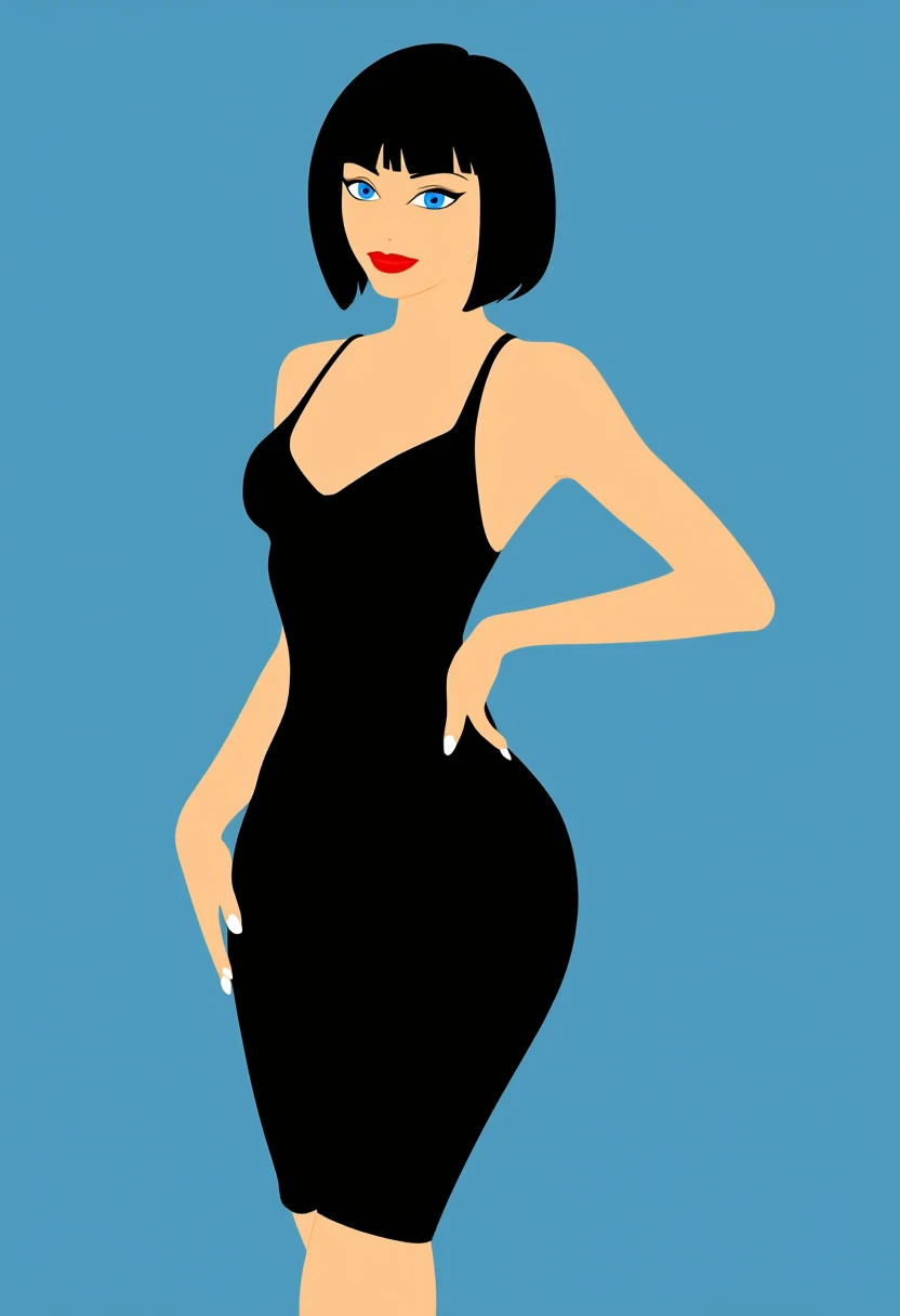 Vector illustration, girl, minimalist, flat color, A Female with bob black haircut with blue eyes and Red lips, bare shoulders, black dress, taut dress, spaghetti strap black dress, sleeveless, black high heels, standing up against a wall in the sidewalks streets at daytime in the background, 1 girl, solo, looking at viewers, smile, full body
