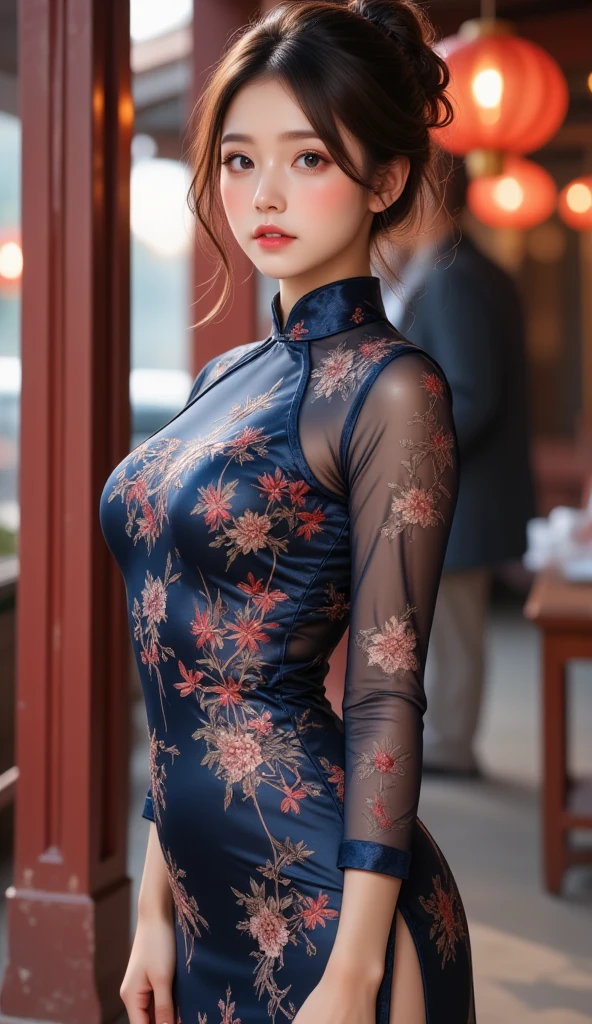 RAW photo, (Random shot, full body in frame, Side view focus, Dutch Angle), ((Asian adult female, one-person,) (traditional Chinese dress, one-piece, dark navy, long length, elegant, embroidered, decoration, fascinating,) random posing, stylish, cool, cute, sexy),