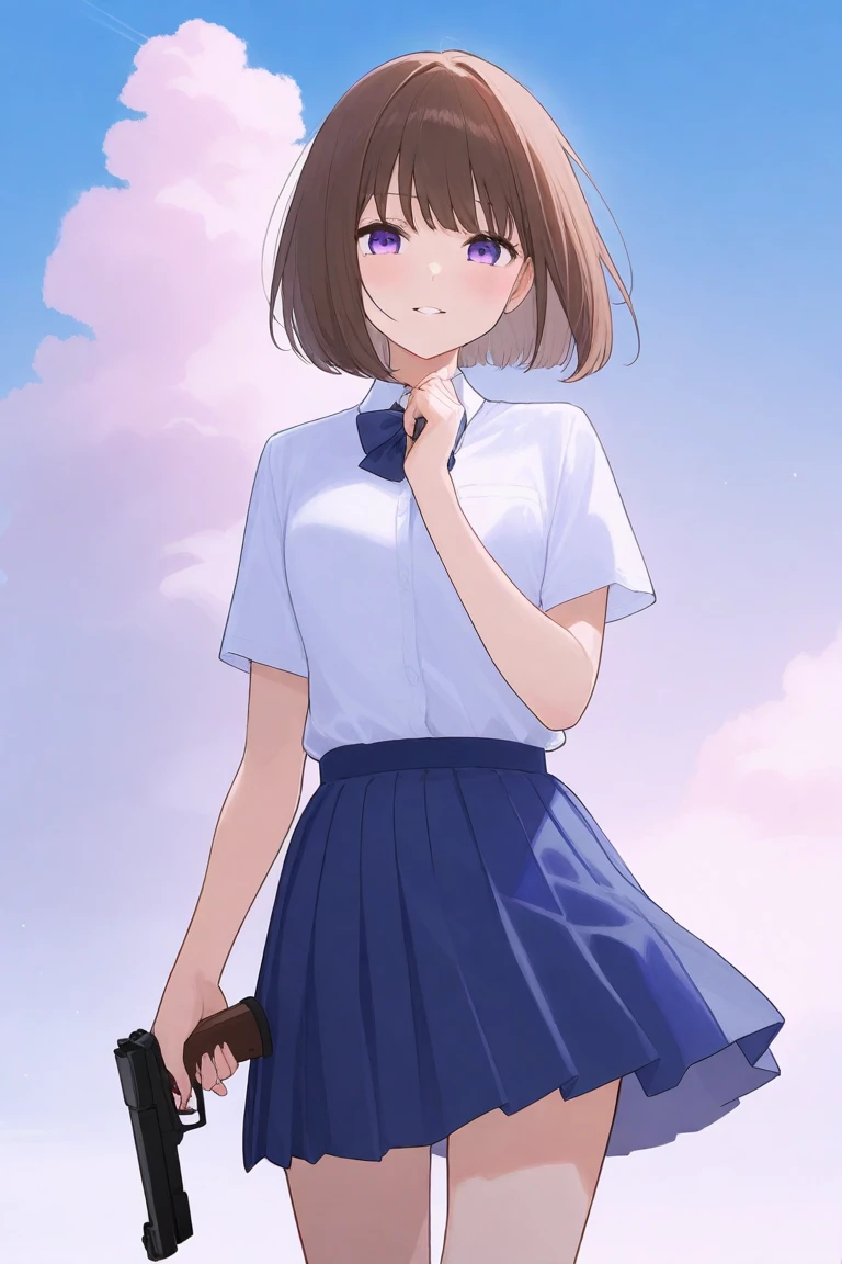 A beautiful brown bob haired school girl wearing blue skirt, standing and posing with a gun in her hand.