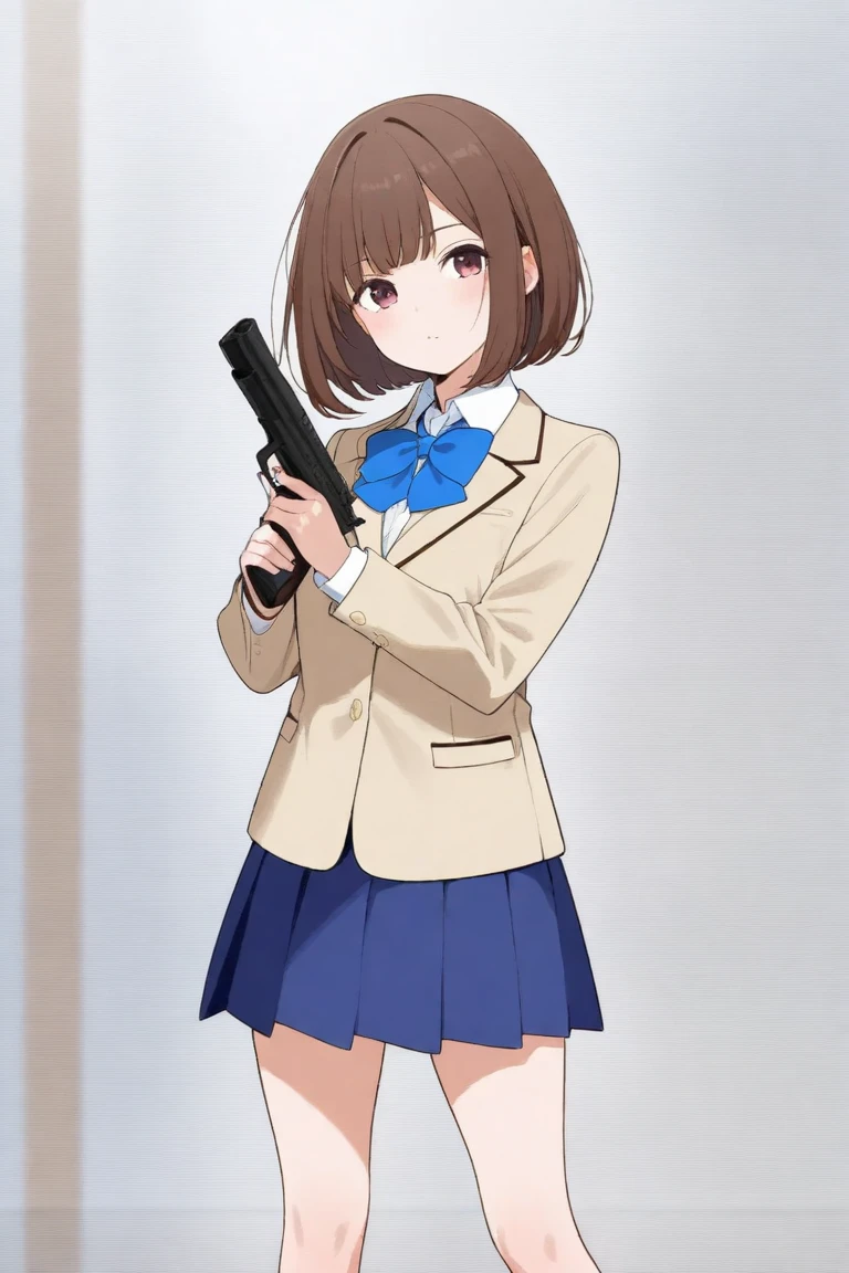 A beautiful brown bob haired school girl wearing blue skirt, standing and posing with a gun in her hand.