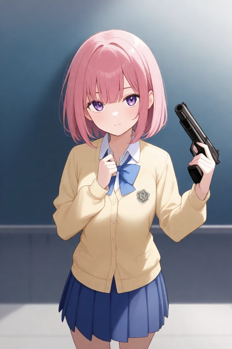 A beautiful evil bob haired school girl wearing blue skirt, standing and posing with a gun in her hand.