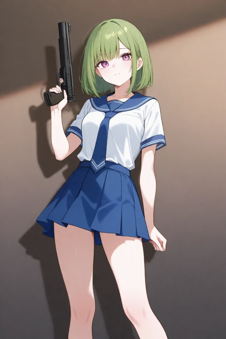 A beautiful evil bob haired school girl wearing blue skirt, standing and posing with a gun in her hand.