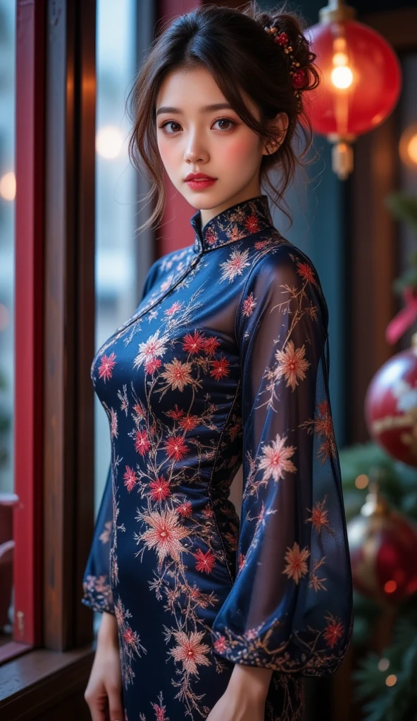 RAW photo, (Random shot, full body in frame, Side view focus, Dutch Angle), ((Asian adult female, one-person,) (traditional Chinese dress, one-piece, dark navy, long length, elegant, embroidered, decoration, fascinating,) random posing, stylish, cool, cute, sexy),