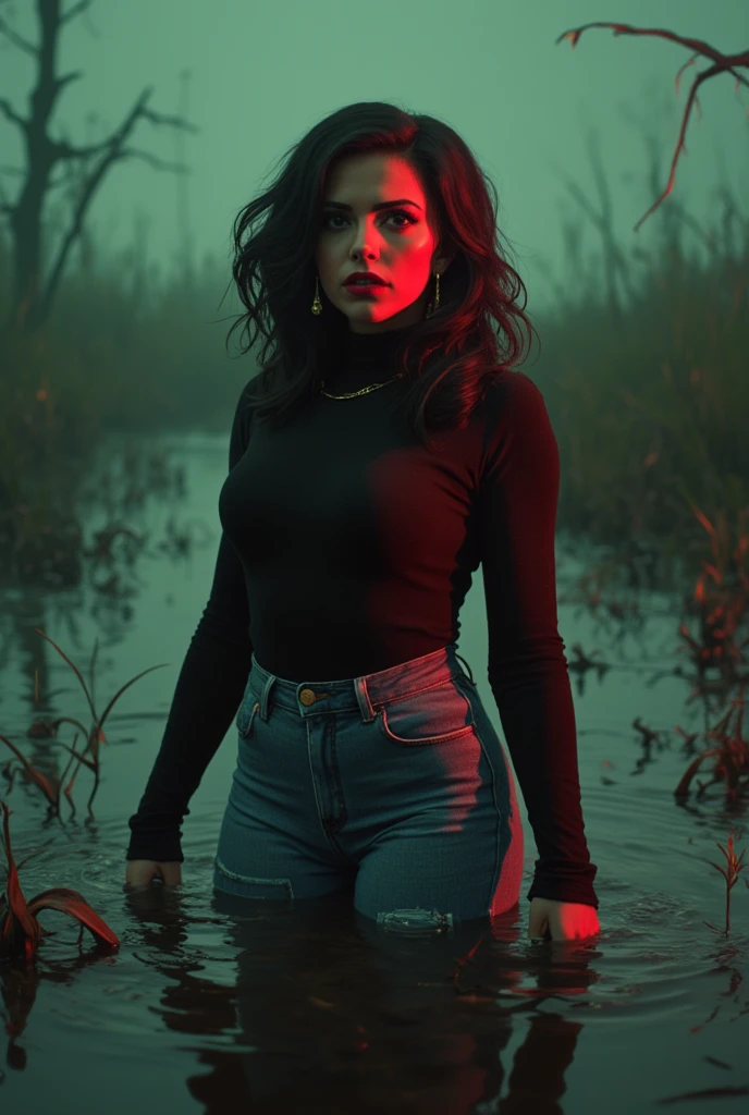  брошюра к мини-курсу , mature woman , dark orgasm , turtlenecks and flared levis jeans , drowning in a swamp with quicksand, green,red,sky, red lips,  turns around, provocative photo shoot  