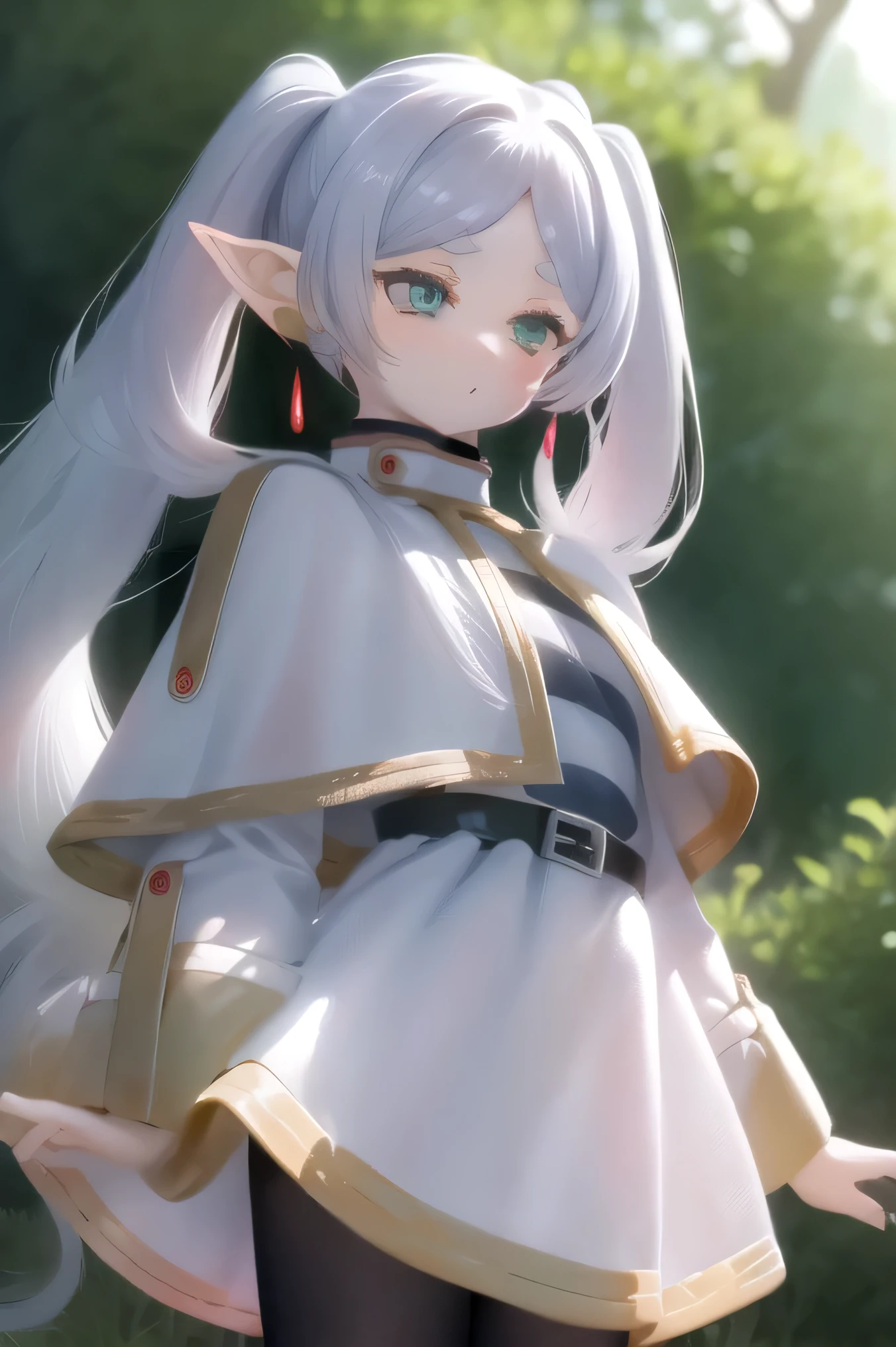 (  top quality,Strange Results      :1.3),(Warm lighting:1.2),      1 girl,        intricate details    ,Natural Face,forest,     There is a river in the background , spring,    hands are between legs    ,    small breasts,   thank you,      long hair,   gray hair,       twin tails ,   star ,    Earrings for women who live alone with both legs in between  ,       thick eyebrows,      white capelet,       striped shirt    ,       Long Sleeve      , belt,  white skirt,       black pantyhose    (((((curtsey)))))