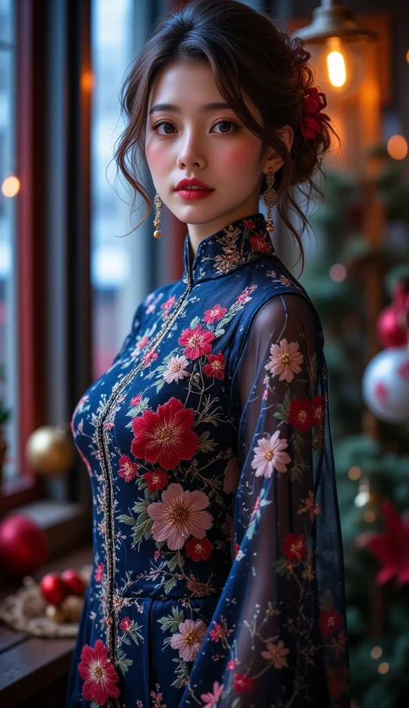 RAW photo, (Random shot, full body in frame, Side view focus, Dutch Angle), ((Asian adult female, one-person,) (traditional Chinese dress, one-piece, dark navy, long length, elegant, embroidered, decoration, fascinating,) random posing, stylish, cool, cute, sexy),