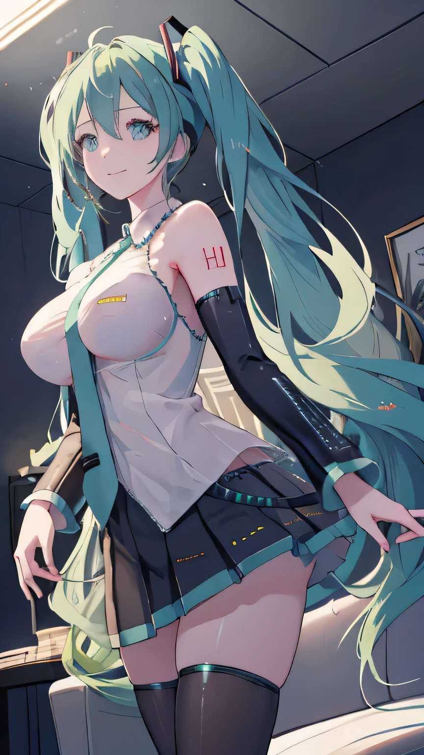 1 girl, Hatsune Miku ,medium breasts ,indoor,in the living room,best quality, expressive eyes, perfect face, ((( glamor, large breasts))), seductive smile, ((fix_hands)),(fix_arms),(fix_legs),(fix_feet), ((((fix_fingers)))),(((hdr,uhd,8k,best_quality,masterpiece))),very_aesthetic,absurdres, (score_9:0.9),cinematic lighting , cinematic angle,