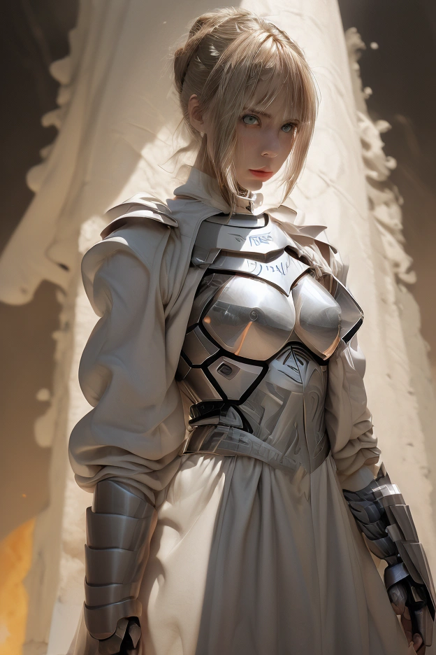 A highly detailed front-facing portrait of a futuristic female android designed as a disaster response and search-and-rescue specialist. The android is shown from the upper body upwards, looking directly forward with a calm and determined expression. Her face is human-like, featuring soft synthetic skin with subtle cybernetic reinforcements, while maintaining her glowing yellow-orange eyes that symbolize vigilance and empathy. She has medium-length metallic bronze hair, styled practically but with a slightly flowing appearance to emphasize her human-like qualities. Her high-tech rescue suit has reinforced armor with glowing accents and hazard markings in bright orange and silver, designed for high-risk operations. The suit includes communication devices and utility slots for tools. The background is a clean gradient in muted gray and orange tones, highlighting her role as a rescue specialist. The lighting is soft yet emphasizes her glowing eyes and mix of human-like and futuristic robotic features. HD rendering, concept art style, blending humanity with advanced technology.