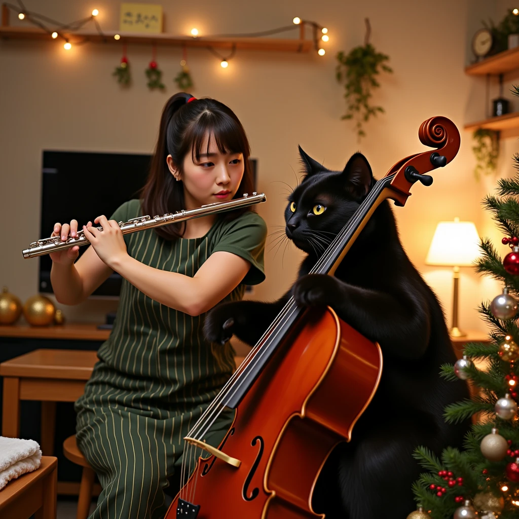 ultra-realistic, photorealistic, dramatic scene, shadow, global-illumination, A duo performance of girl's flute and human-like very large black chubby cat's cello at a modest home Christmas party, the human-like very large black chubby cat\(wearing vertical striped green apron, playing the cello, holding a cello bow, sitting\), in the stylish Japanese apartment room), 1 girl\(beautiful with cute Japanese, 20 years old girl, simple dress, playing the detailed flute, standing, shoulder-length brown ponytail hair, smile\), the girl looks so happy, a TV and table and shelf are in the room, gorgeously decorated with Christmas decorations, (gorgeously decorated Christmas tree), stylish furnishings, 