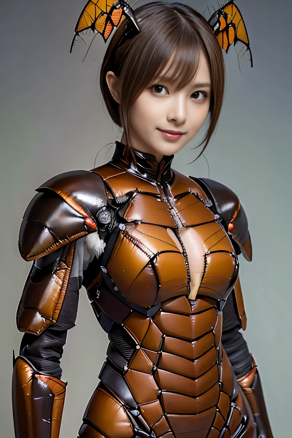 (high resolution,masterpiece,best quality,extremely detailed CG, anime, official art:1.4), realistic, photo, amazing fine details, all intricate, gloss and shiny,awesome many layers, 8k wall paper, 3d, sketch, kawaii, illustration,( solo:1.4), perfect female proportion,villainess, (fusion of dark brown cockroach and lady:1.4), (brown cockroach form lady:1.2), (brown cockroach lady:1.2), (fusion:1.2), (solo:1.4), (evil smile:1.2), muscular, abs, (cockroach brown exoskeleton bio insect suit:1.4), (cockroach brown exoskeleton bio insect armor:1.2), (brown transparency cockroach wing:1.4), (brown cockroach antennae:1.3),