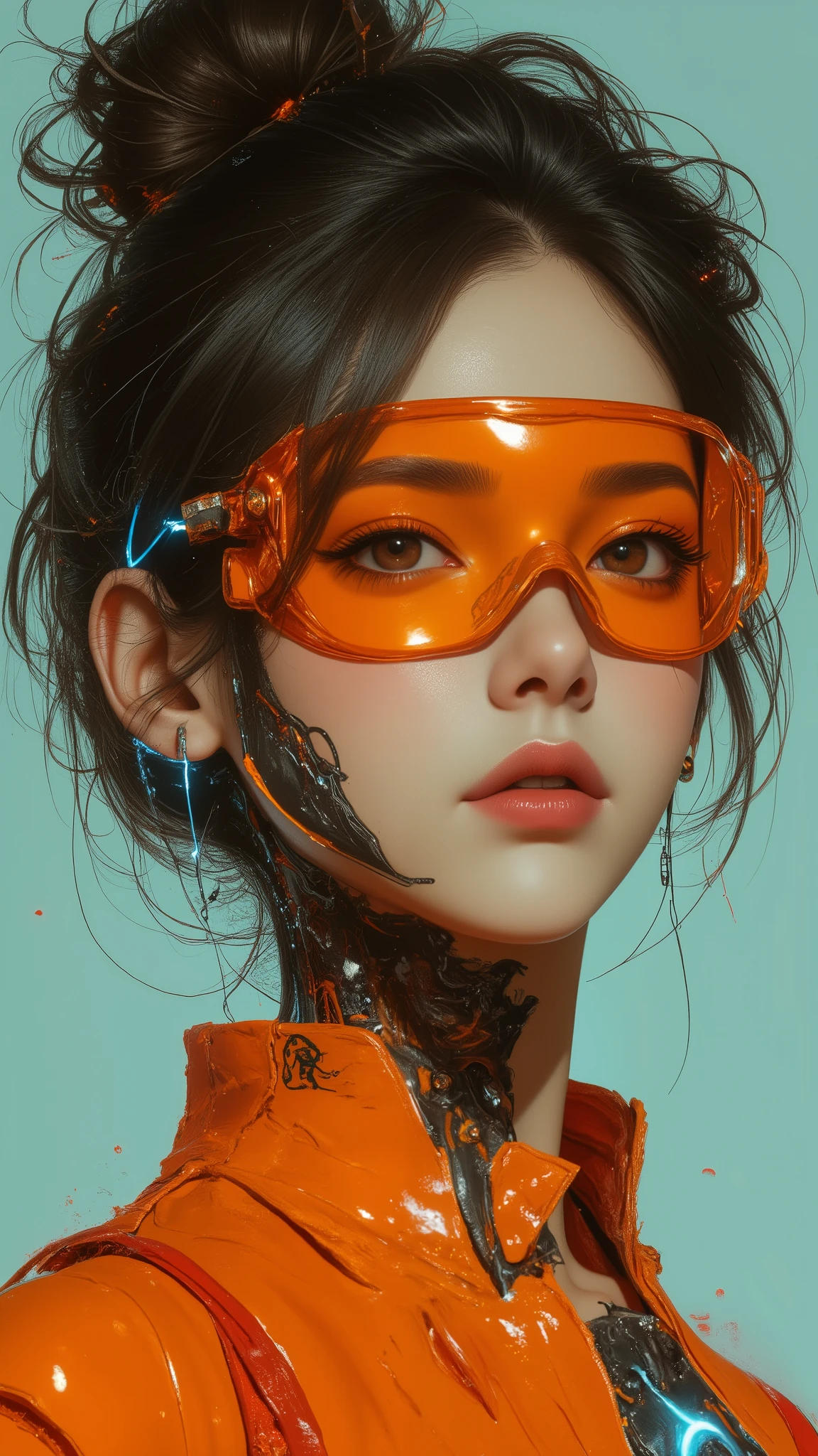 A highly detailed portrait of a futuristic female cyborg with a sleek and edgy appearance. Her dark, messy hair is tied back into a casual yet functional style, with loose strands framing her face. She wears a glowing orange visor that covers her eyes, contrasting with her pale skin, and her expression is sharp and confident, adding a rebellious and gritty vibe to her demeanor., The right side of her head and neck is exposed, revealing intricate cybernetic components with visible wires, metallic panels, and glowing blue lights. Her mechanical enhancements are seamlessly integrated into her natural features, emphasizing her duality of humanity and machine. The bold orange of her clothing matches the vibrant hues of her visor and mechanical accents, creating a unified and striking visual aesthetic., The background is a muted teal color with subtle splashes of red, enhancing the focus on her dynamic design while maintaining a