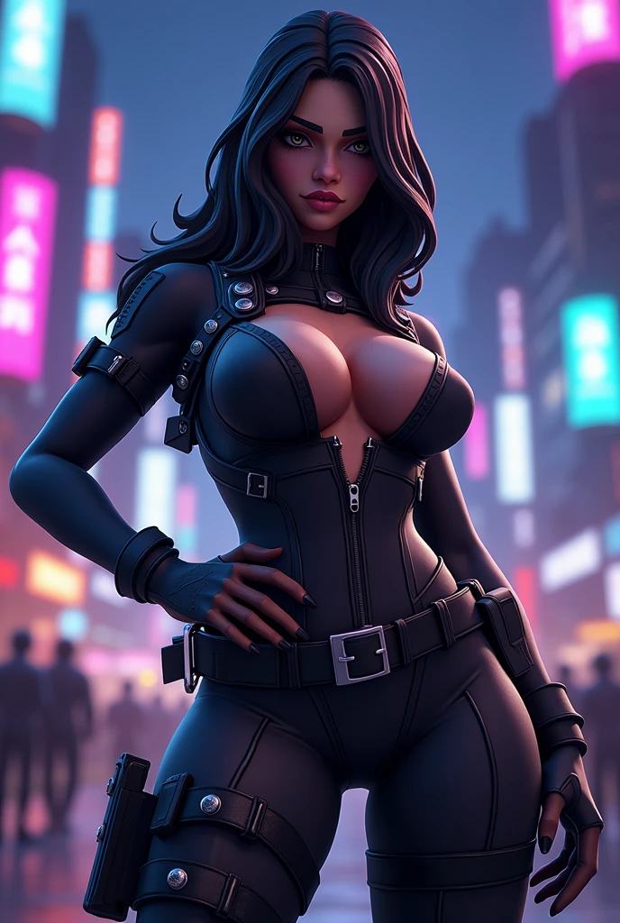 beautiful woman in a futuristic city, Cyberpunk style, Futur Clothes , Near a Futuristic MotoCycle, brunette, Long Curved Hair, red lips, Blue eyes, wears glasses, Big boobs, Thin waist, eYeliner, big eyelashes, seductive pose,