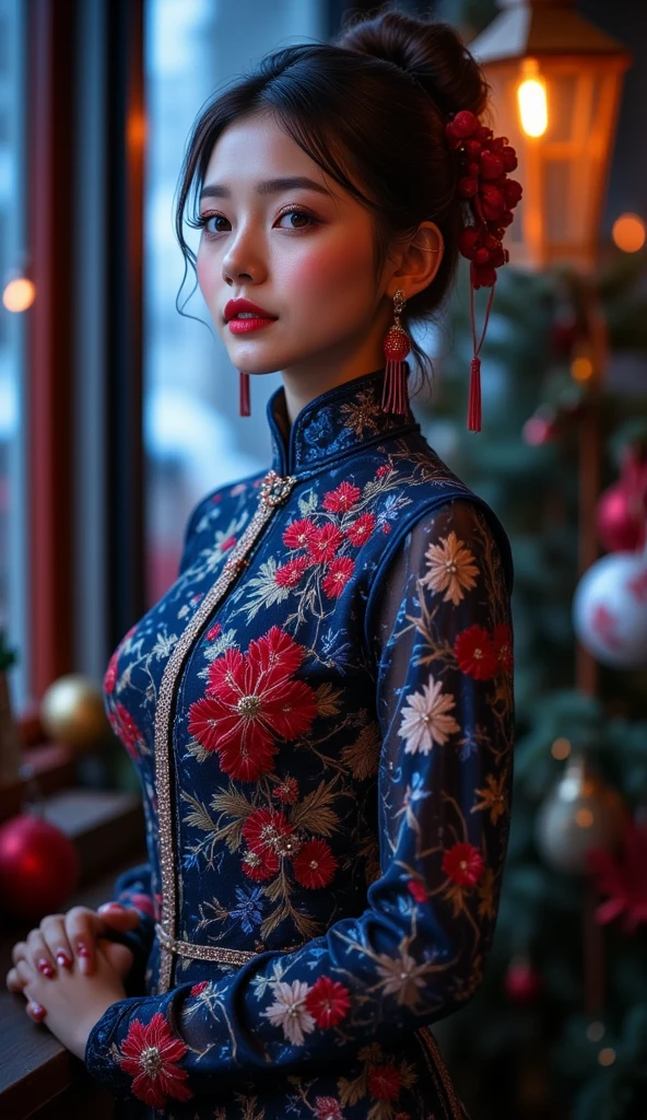 RAW photo, (Random shot, full body in frame, Side view focus, Dutch Angle), ((Asian adult female, one-person,) (traditional Chinese dress, one-piece, dark navy, long length, elegant, embroidered, decoration, fascinating,) random posing, stylish, cool, cute, sexy),