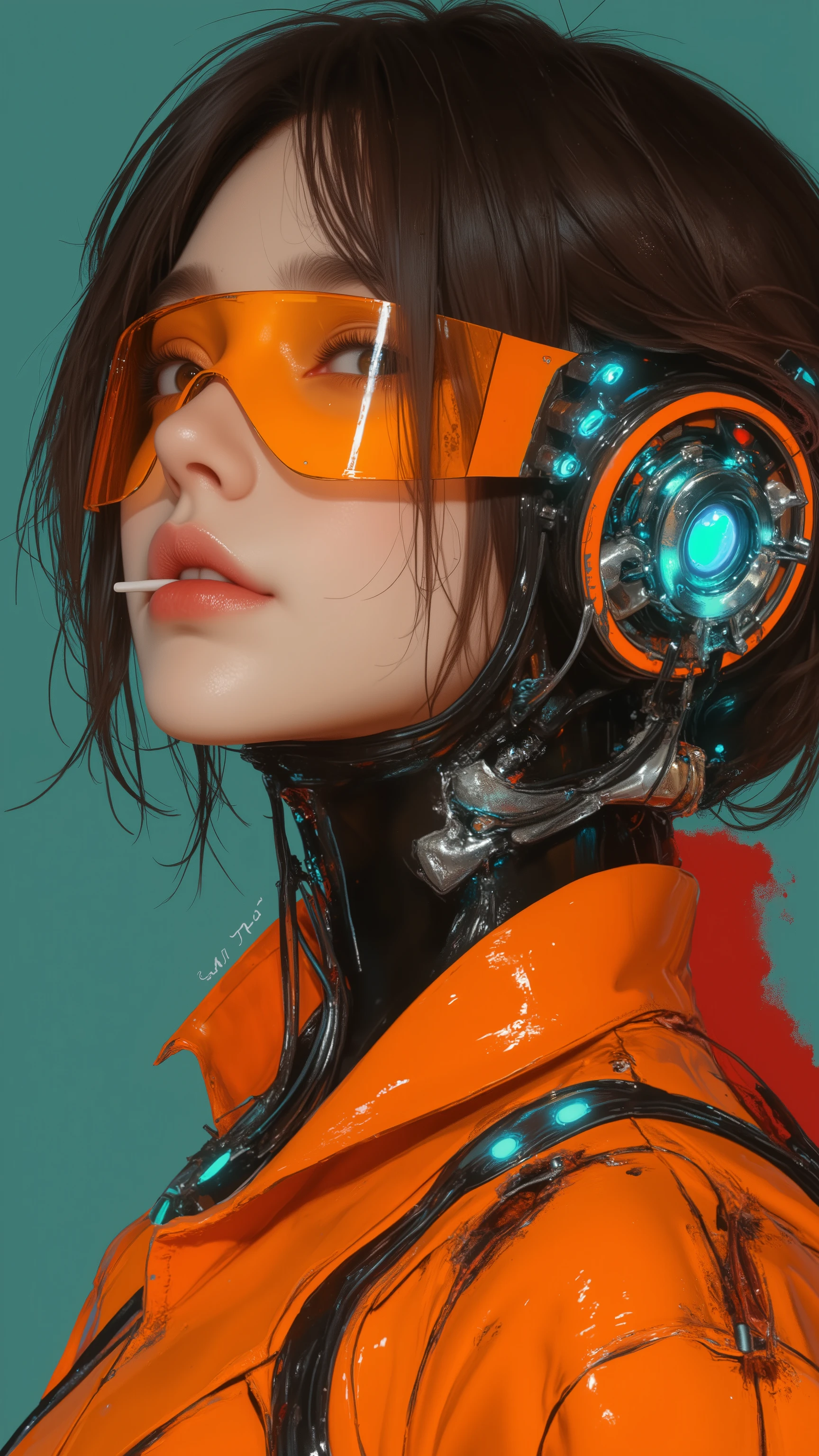 A highly detailed portrait of a futuristic female cyborg with a sleek and edgy appearance. Her dark, messy hair is tied back into a casual yet functional style, with loose strands framing her face. She wears a glowing orange visor that covers her eyes, contrasting with her pale skin, and her expression is sharp and confident, with slightly parted lips. She has a lollipop in her mouth, adding a rebellious and gritty vibe to her demeanor.
The right side of her head and neck is exposed, revealing intricate cybernetic components with visible wires, metallic panels, and glowing blue lights. Her mechanical enhancements are seamlessly integrated into her natural features, emphasizing her duality of humanity and machine. The bold orange of her clothing matches the vibrant hues of her visor and mechanical accents, creating a unified and striking visual aesthetic.
The background is a muted teal color with subtle splashes of red, enhancing the focus on her dynamic design while maintaining a futuristic and urban atmosphere. The composition is raw and vibrant, portraying a powerful character with a commanding presence in a cyberpunk-inspired world.
dreadmirthart