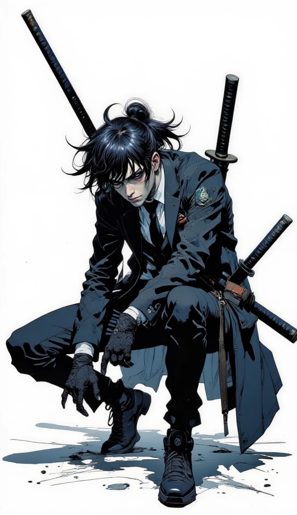 [A young man, in a sharp black suit, with wet, spiky black hair styled in a high ponytail, wielding a katana with intense focus, in a low, dynamic pose.  He projects a sense of controlled aggression and quiet determination.], [Photorealistic digital painting,  Anime-inspired portrait photography], [Reference:  Character design elements reminiscent of  Mob Psycho 100 or similar anime styles], [Dramatic lighting with strong contrasts, highlighting the sharp lines of the suit and the katana. Cool, desaturated color palette dominated by blacks, grays, and deep blues.  High-resolution, sharp focus on the subject, shallow depth of field blurring the background.  Texture emphasizes the sleekness of the suit and the metallic sheen of the sword.  Minimalist white background.]