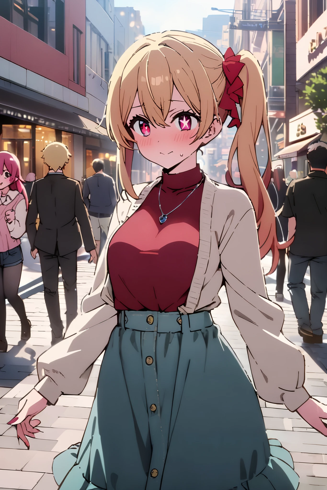 NSFW,masterpiece, top quality , high res, very detailed,Hoshino Ruby\(My Favorite \),Star-shaped pupils, long hair, side ponytail,Blonde, casual clothes,Date,bustling street