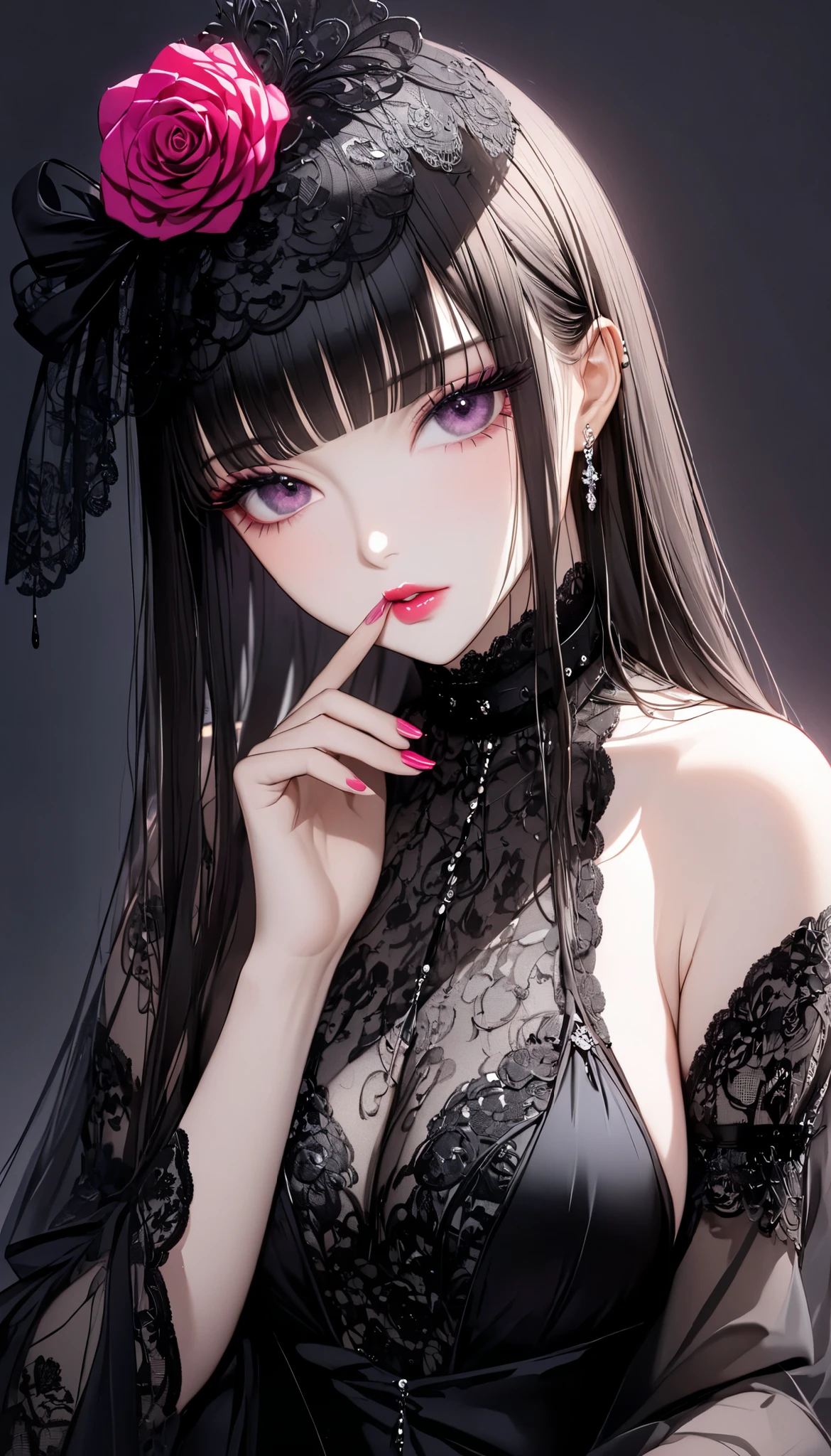 Gothic lolita、Menhera、Luxury、thin、breasts are small、1girl, Beautie、Beautuful Women、ren、kawaii、glares、Eyebrows are visible、short bangs、Dripping、colourfull、pop music、Full of piercings、Full of tattoos、Body Paint、Sprinkle paint、chibi,Slender narrow eyes。fine-grained fair skin。Plump cheeks。Long black hair with a smooth sheen。the body shape is slender。smaller face。A small nose with a nasal muscle。Gentle mouth。long lashes。lower eyelashes。