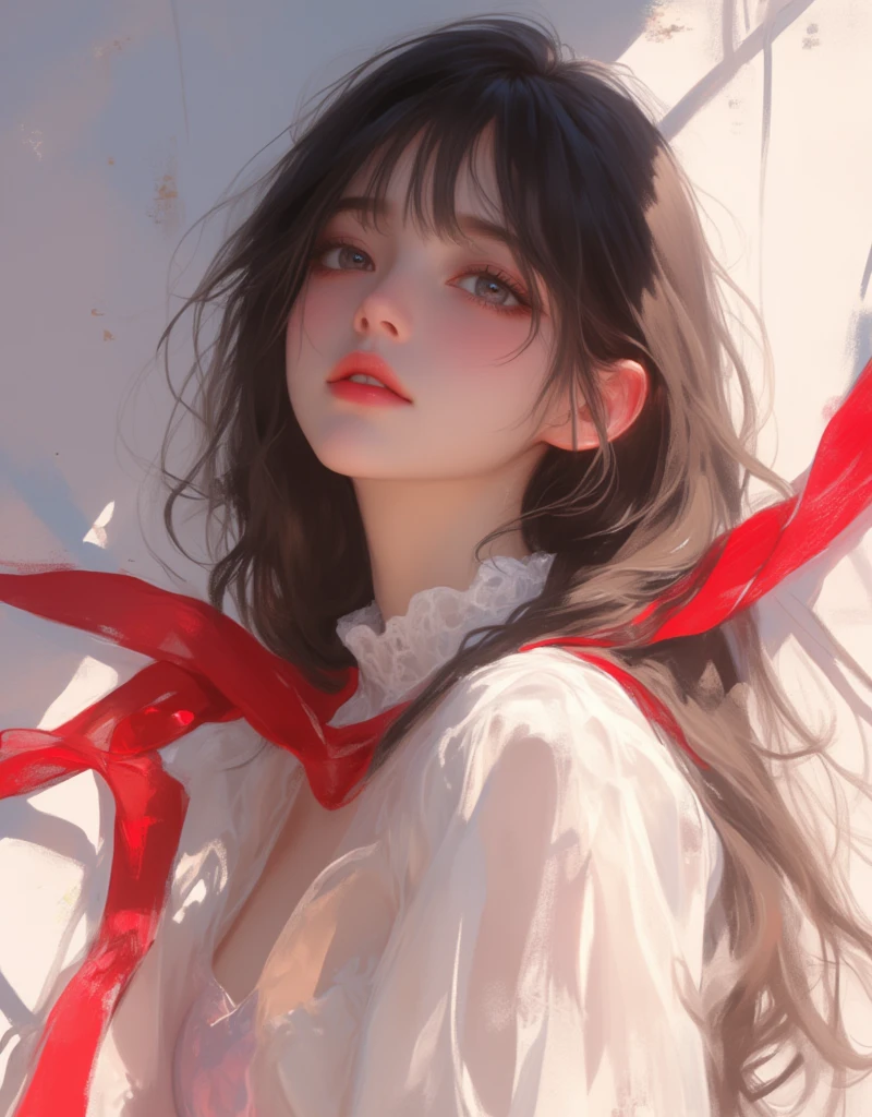 anime girl with long black hair and white shirt holding a red ribbon, hinata hyuga, she has black hair with bangs, junko enoshima, iwakura lain, shikamimi, shirabii, a-1 pictures, rei hiroe, kimi takemura, as an anime character, abstract