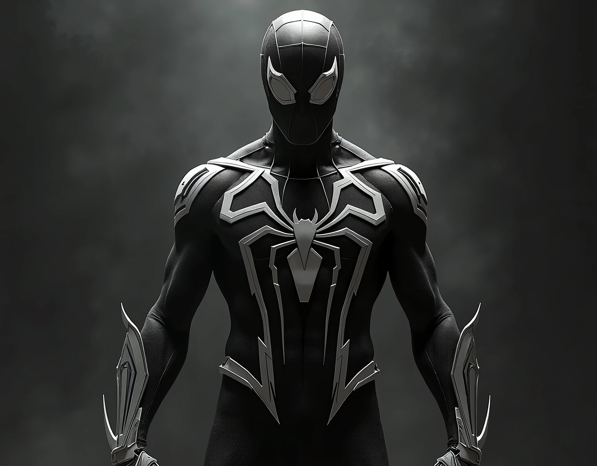 8k, RAW photo, best quality, masterpiece: 1.2), ultra detailed, official art, photo-realistic: 1.37, PS5 cinematic screenshot, highly detailed and detailed cinematic rendering, ultra photorealistic raytricing, with cinematic lighting, Black and White Spider-Man, Venom Symbiote Suit, Glittery Goo Organic Suit