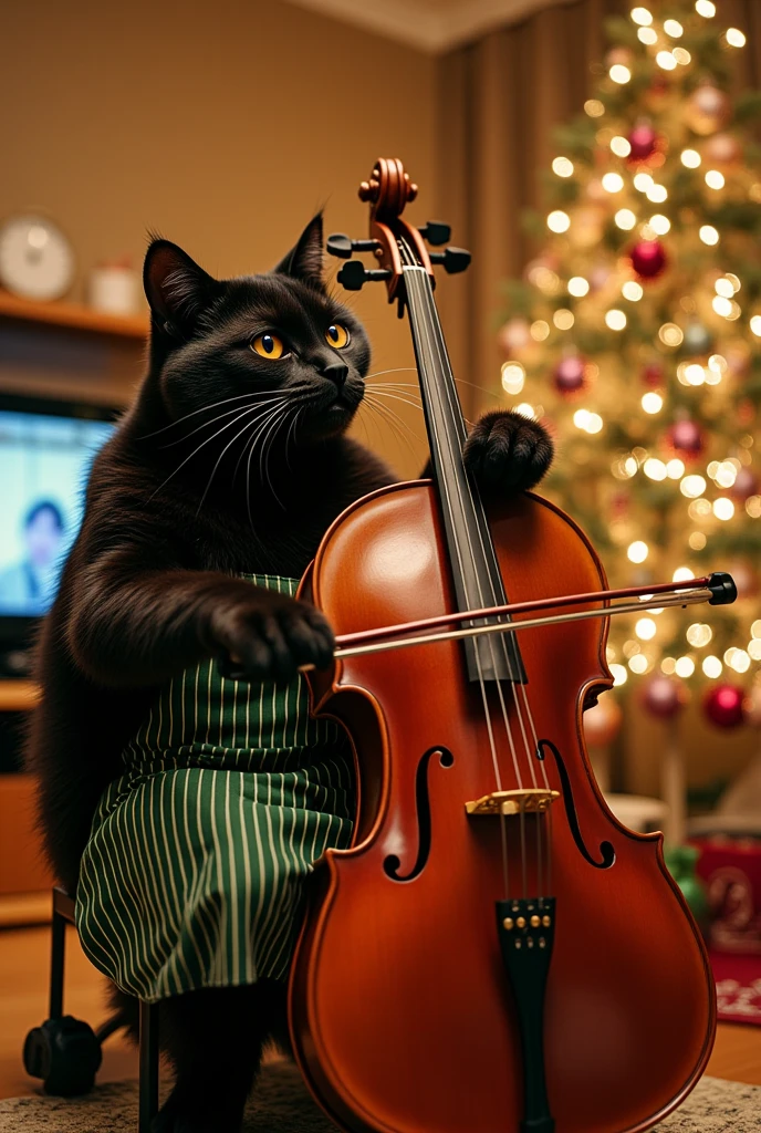 ultra-realistic, photorealistic, dramatic scene, shadow, global-illumination, A duo performance of girl's flute and human-like very large black chubby cat's cello at a modest home Christmas party, the human-like very large black chubby cat\(wearing vertical striped green apron, playing the cello, holding a cello bow, sitting\), in the stylish Japanese apartment room), 1 girl\(beautiful with cute Japanese, 20 years old girl, simple dress, playing the detailed flute, standing, shoulder-length brown ponytail hair, smile\), the girl looks so happy, a TV and table and shelf are in the room, gorgeously decorated with Christmas decorations, (gorgeously decorated Christmas tree), stylish furnishings, 