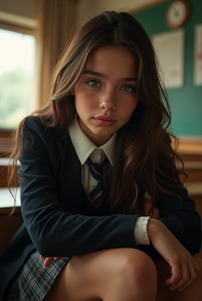 photorealistic, a  brunette British girl, beautiful detailed eyes, beautiful detailed lips, extremely detailed face, long eyelashes, school uniform, leaning against a bench, showing legs, classroom interior, warm lighting, photorealistic, 4k, high res, (best quality:1.4), cinematic composition, dramatic lighting, mystical atmosphere, (photographic:1.2), studio lighting