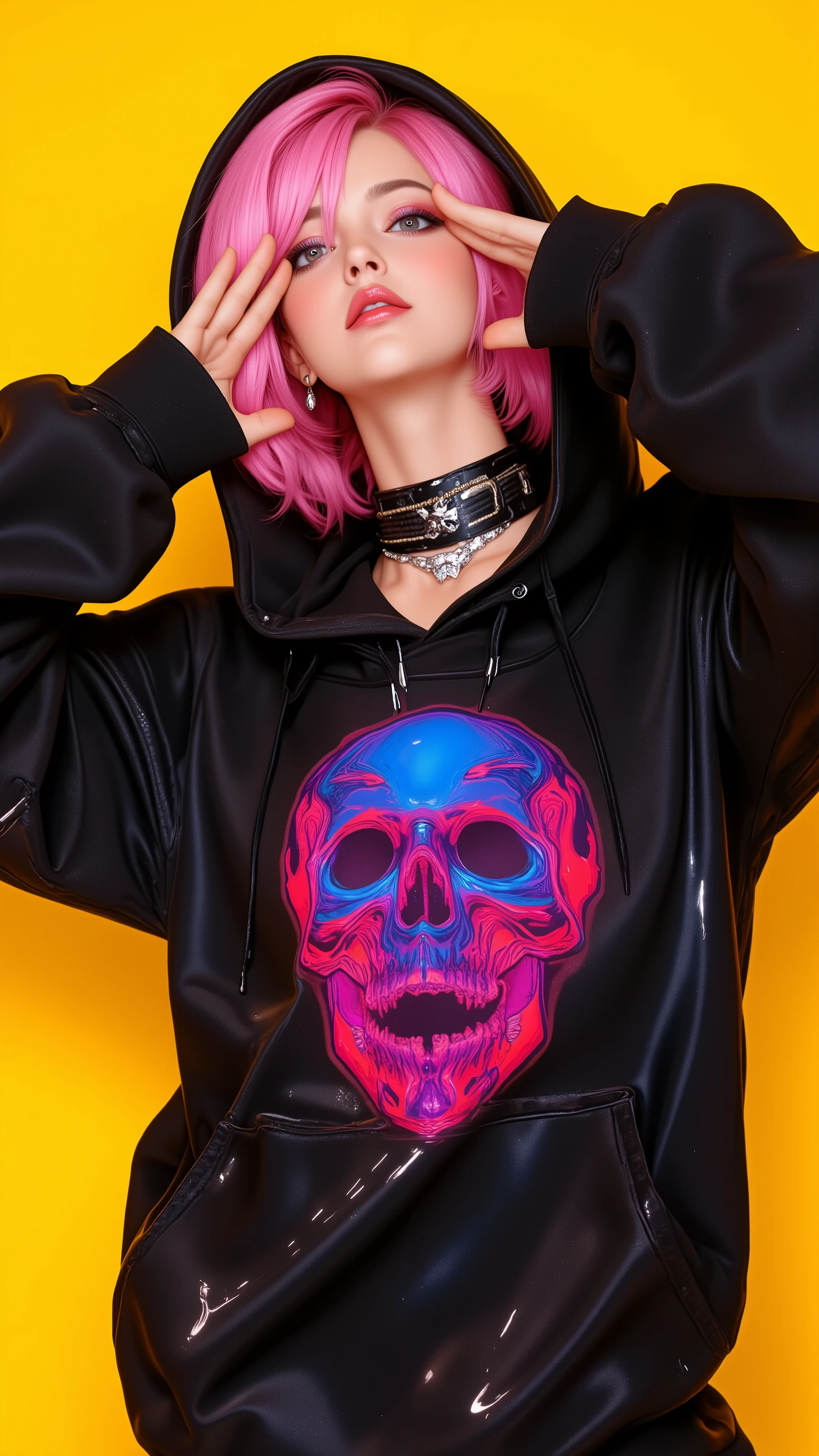 A vibrant, edgy digital artwork featuring a  woman standing confidently against a bold yellow background. She is wearing an oversized black hoodie adorned with a prominent, detailed skull graphic in pink and blue tones, giving a rebellious and bold aesthetic. The hoodie features a glossy, textured material that reflects light, emphasizing its sleek and modern design. Beneath the hoodie, she has subtle accessories and decorative details around her neck, including layered chokers and metallic ornaments, adding a sense of intricacy and individuality to her outfit. Her pale pink hair contrasts sharply with the dark clothing and the bright background, creating a visually striking composition.
Her playful pose, with her hands raised to form a "V" near her face, adds a dynamic and carefree energy to the scene. Her cheerful expression, complete with a slight blush and piercings (including a lip piercing), suggests a fun and rebellious personality. The overall style is a blend of modern streetwear and artistic flair, with a sharp focus on fashion details, bold colors, and clean, illustrative lines. Despite the futuristic vibe, the character is distinctly human, with no visible cybernetic or robotic features.
