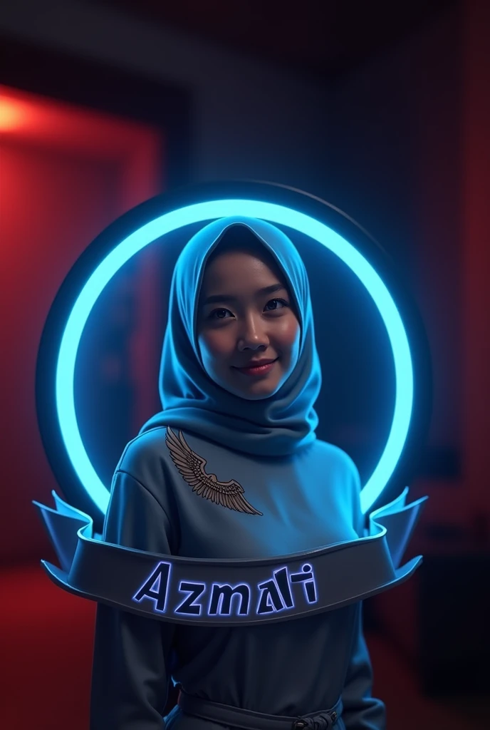 My text. "reisya" is shown by a woman with outstretched hands. The name "reisya" is in the foreground in silver calligraphy and is depicted with flickering magical flames in neon blue and sprinkled with pink roses. The woman wore an elegant hijab and smiled sweetly