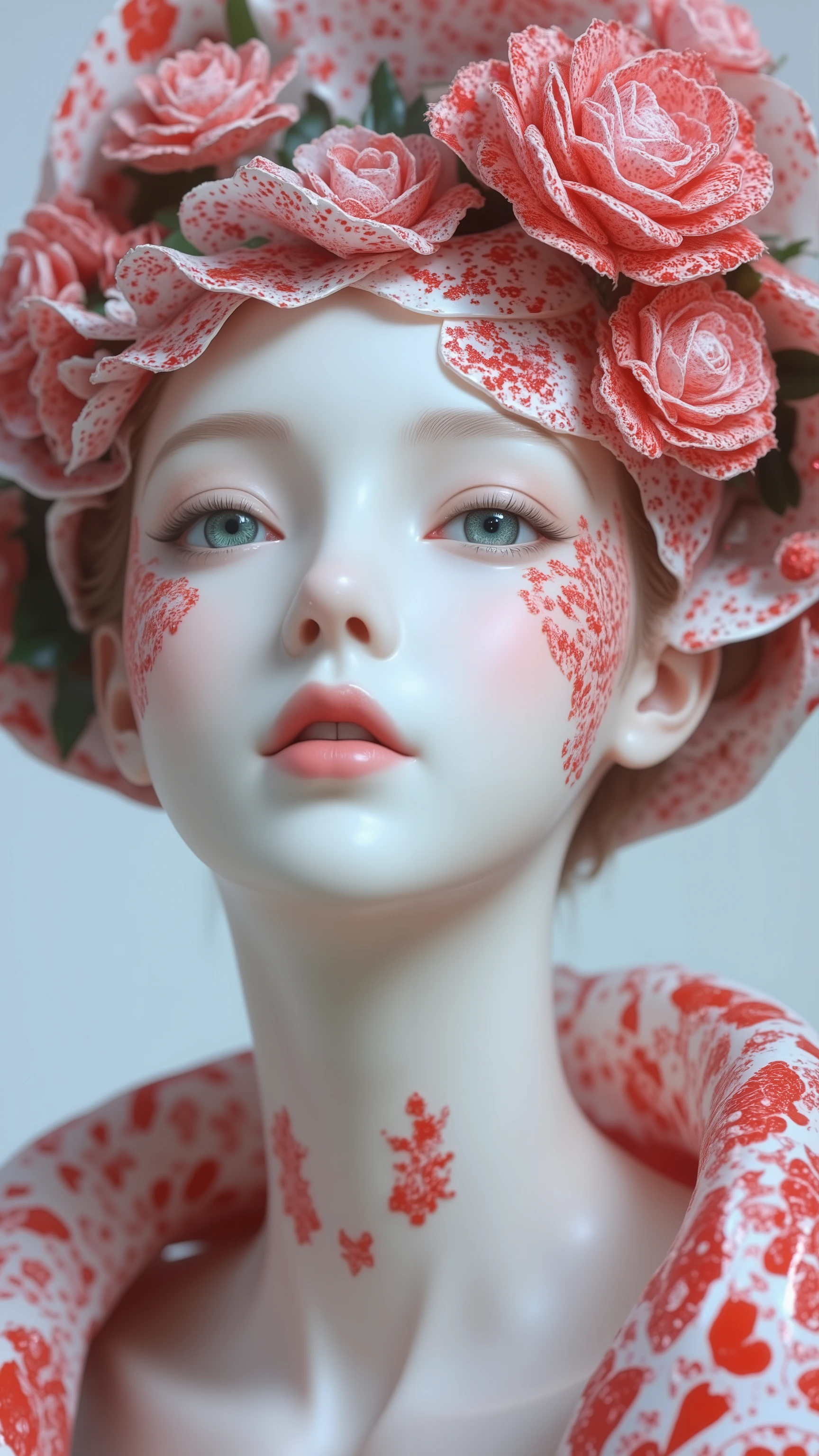 A close-up of a porcelain sculpture. The face is smooth and pale, featuring delicate features with full lips and a slight blush on the cheeks. The eyes are light green, holding an intense gaze. The head is adorned with intricate red floral patterns and (three-dimensional rose flowers), resembling traditional blue-and-white porcelain designs. The design wraps around the neck and shoulders, enhancing the sculpture's artistic appearance. The background is simple and unobtrusive, allowing the figure to stand out prominently.